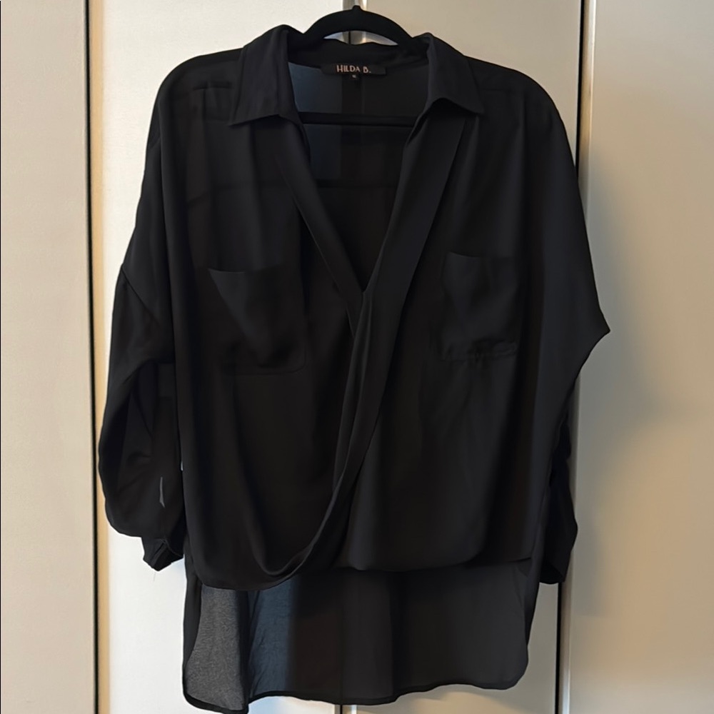 Black Wrap Blouse with Notched Collar and 3/4 Sleeves